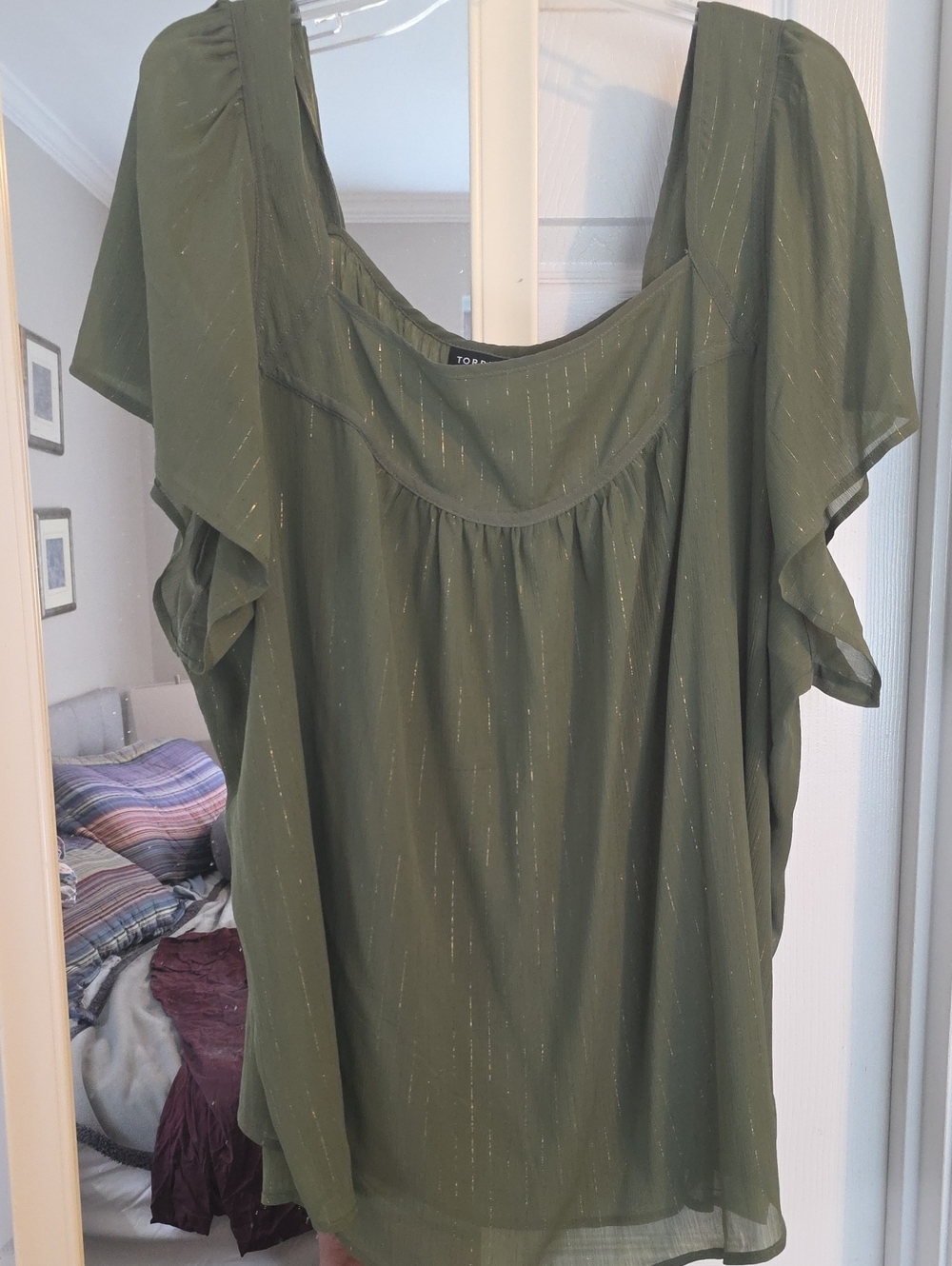 torrid Olive Green Flutter Sleeve Blouse with Metallic Pinstripes